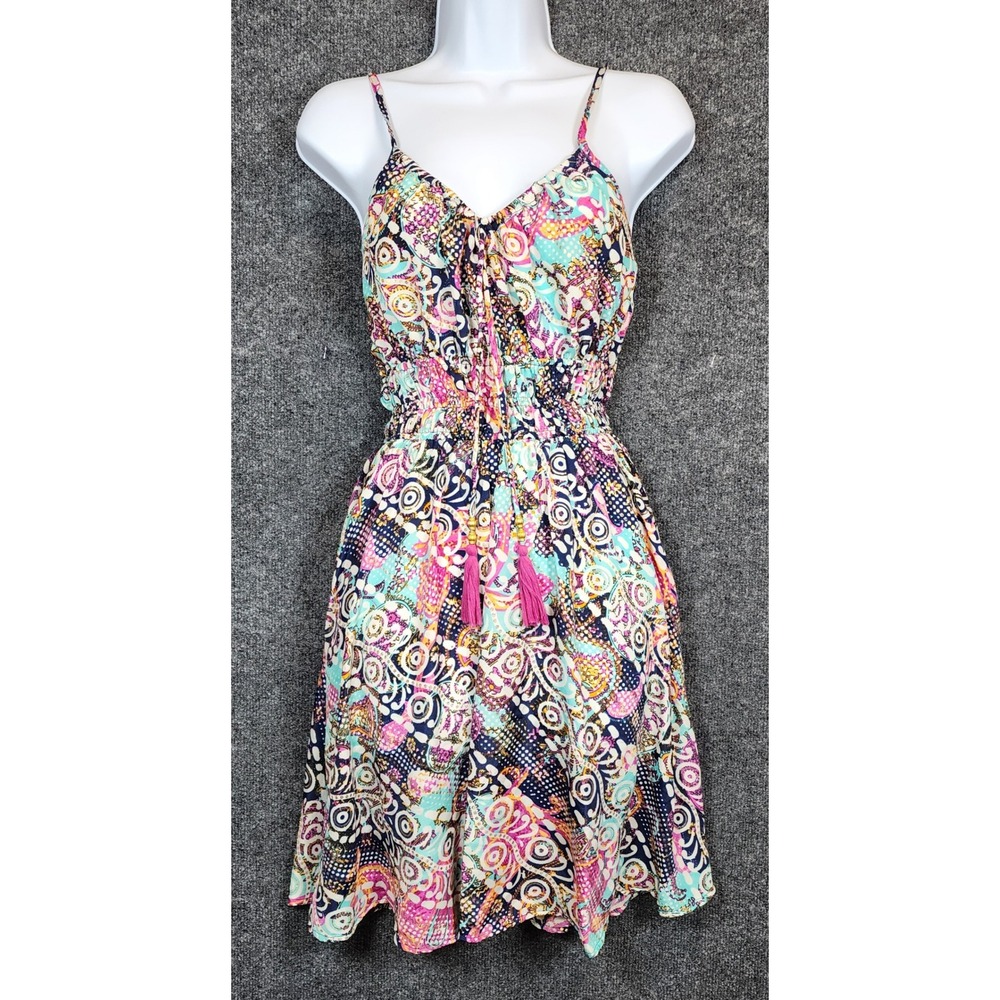 Womens Silk Blend Paisley Sundress Boho Festival Fairy Smocked Mini Dress Size M